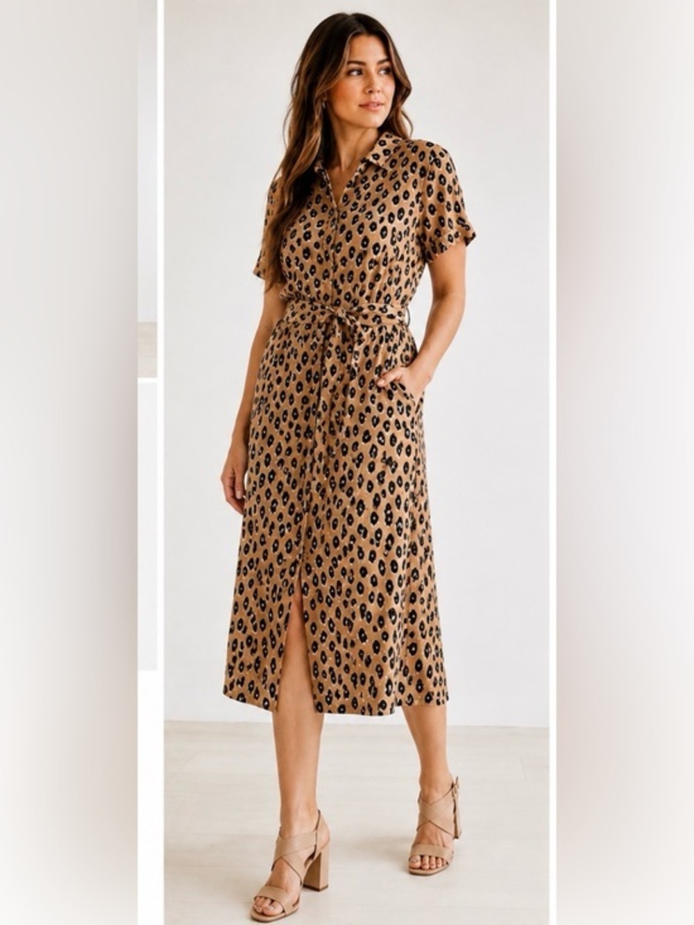 a new day Tan and Black Leopard-Print Midi Skirt with Front Slit MEDIUM